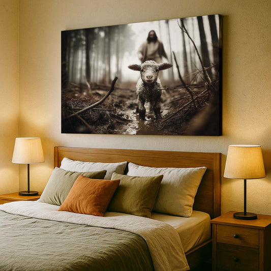 Jesus Running After the Lost Lamb in a Forest, Wall Art Canvas – mock-up 3