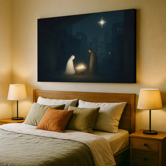Modern Manger Scene Featuring Mary, Joseph, and Jesus, Wall Art Canvas