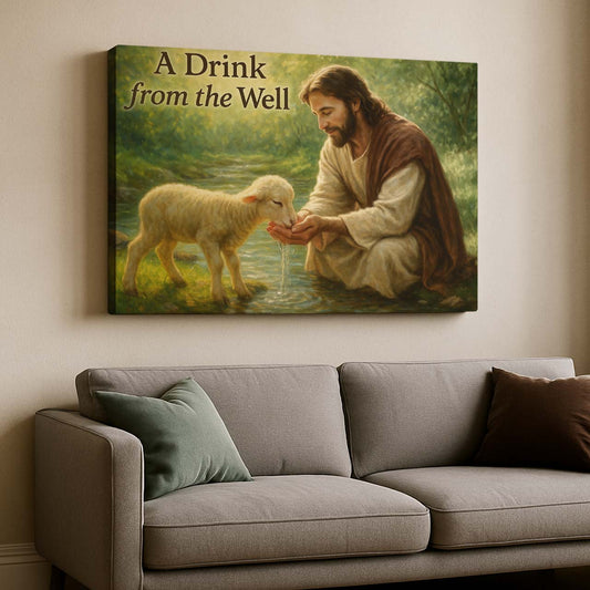 Jesus Offering Water to the Lamb by the Stream, Wall Art Canvas