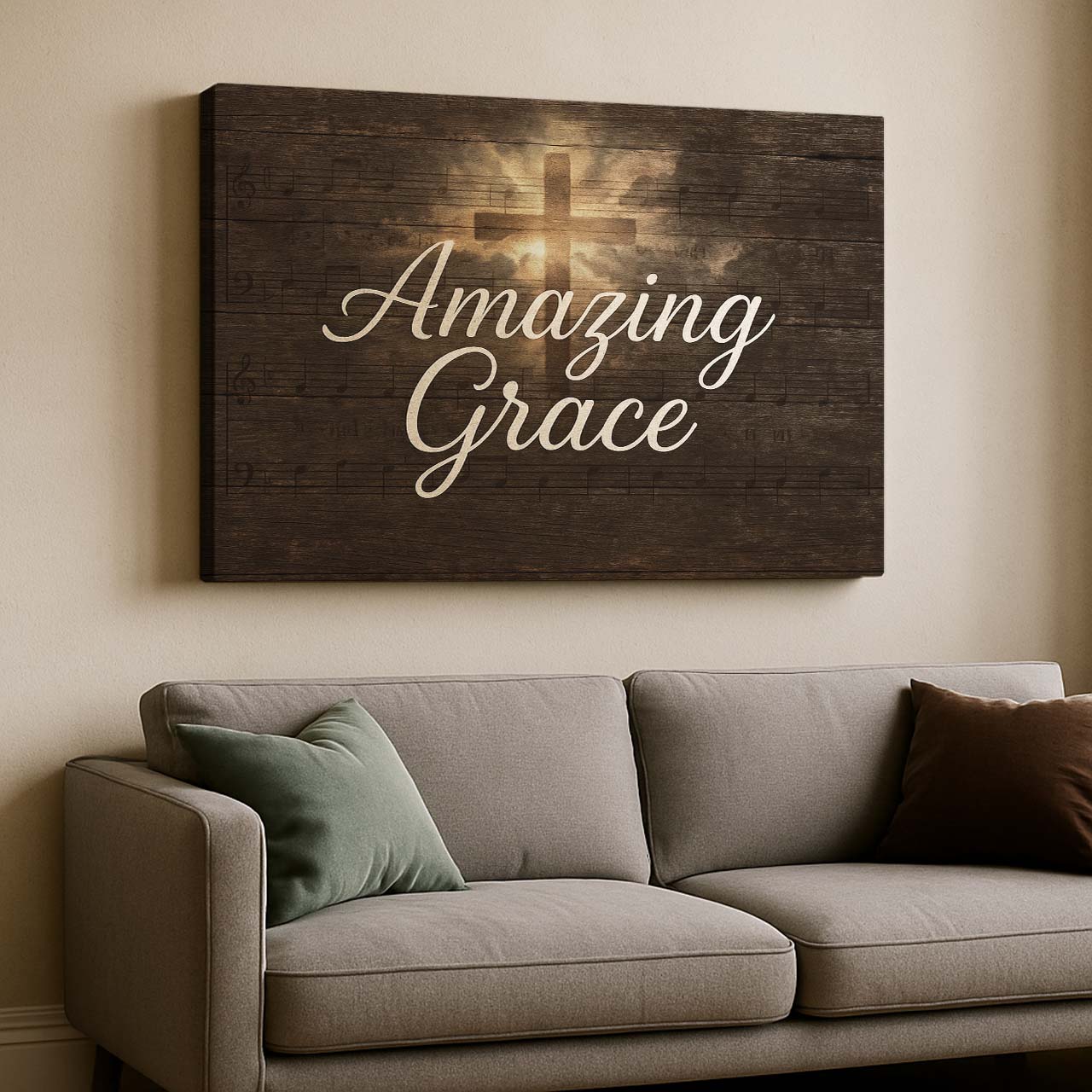 Amazing Grace Hymn Lyrics with Radiant Cross on Wood, Wall Art Canvas