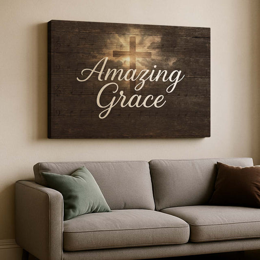 Amazing Grace Hymn Lyrics with Radiant Cross on Wood, Wall Art Canvas