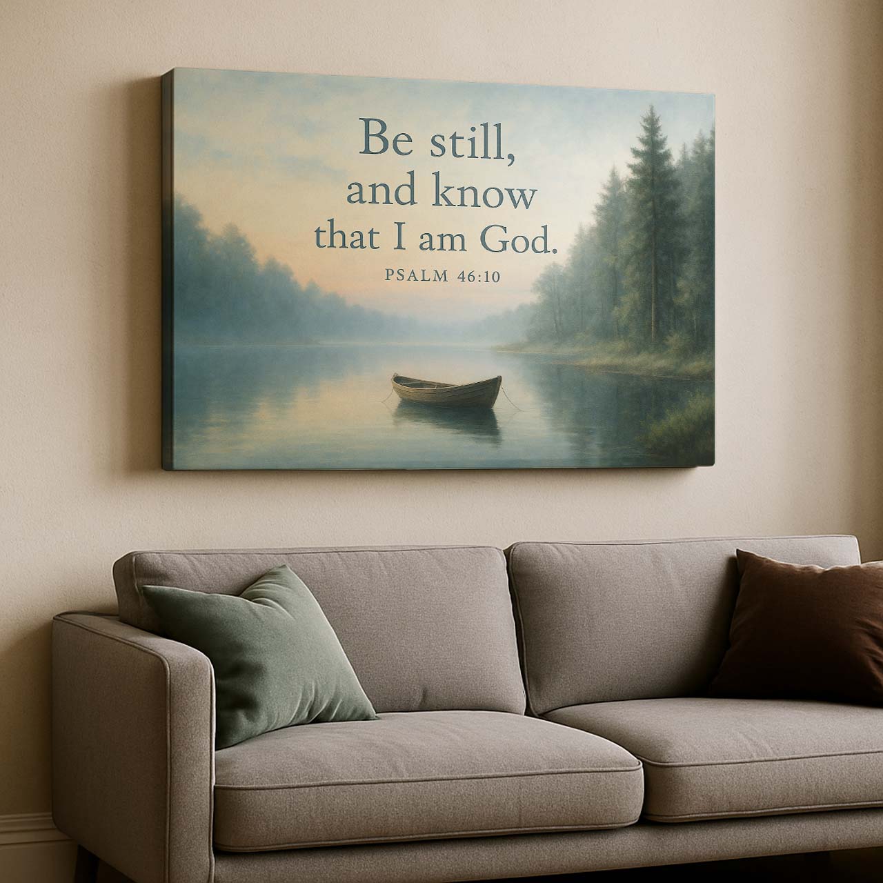 Solitary Boat on a Misty Lake with 'Be Still and Know', Wall Art Canvas