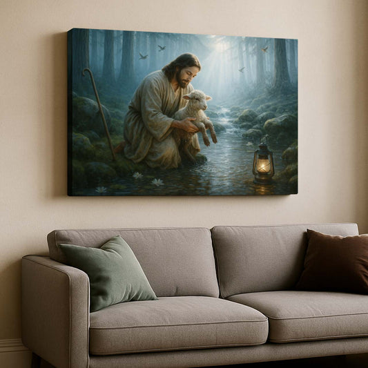 Jesus Rescuing the Lamb by the Brookside Stream, Wall Art Canvas