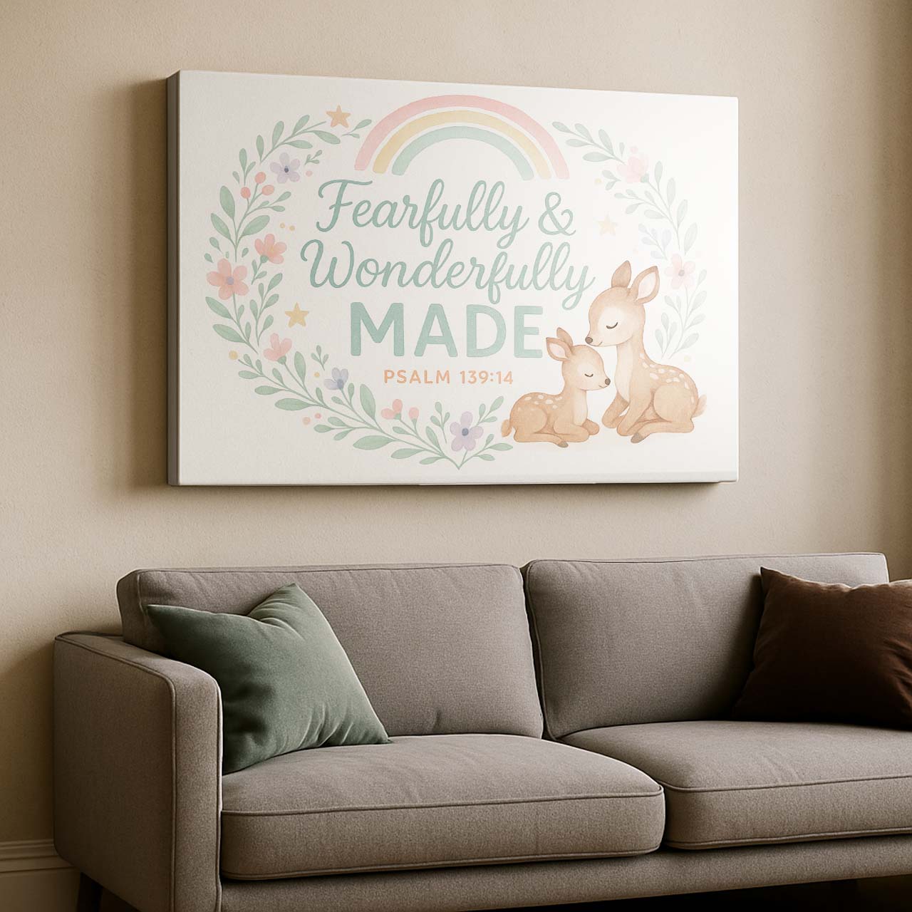 Fearfully & Wonderfully Made Nursery Deer and Rainbow, Wall Art Canvas