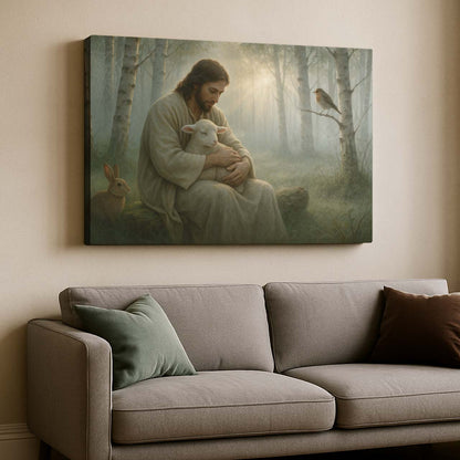 Jesus Embracing a Lamb in a Forest Clearing, Wall Art Canvas