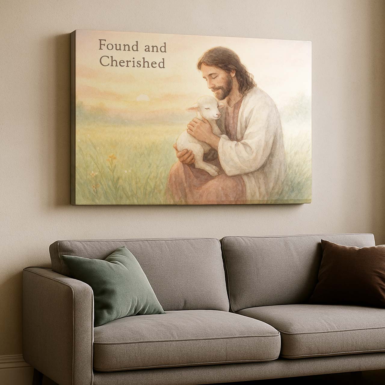 Jesus Cherishing a Lamb at Sunrise in a Field, Wall Art Canvas