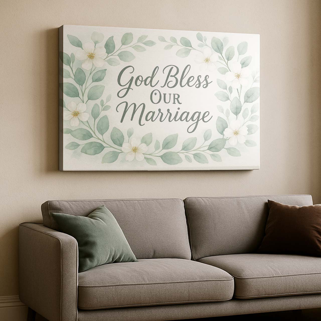 Watercolor Floral Wreath ‘God Bless Our Marriage’, Wall Art Canvas
