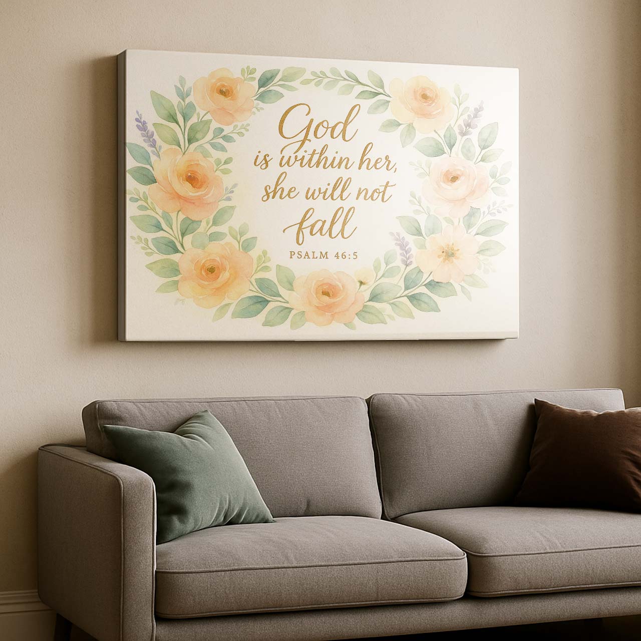 Watercolor Floral Wreath with ‘God is Within Her’ Scripture, Wall Art Canvas