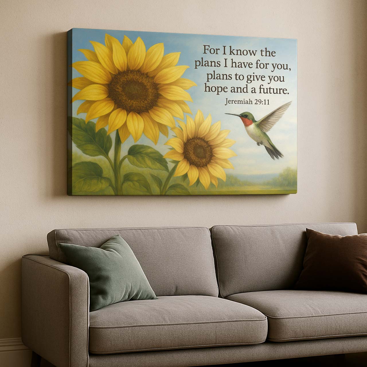 Hummingbird & Sunflowers with Jeremiah 29:11, Wall Art Canvas