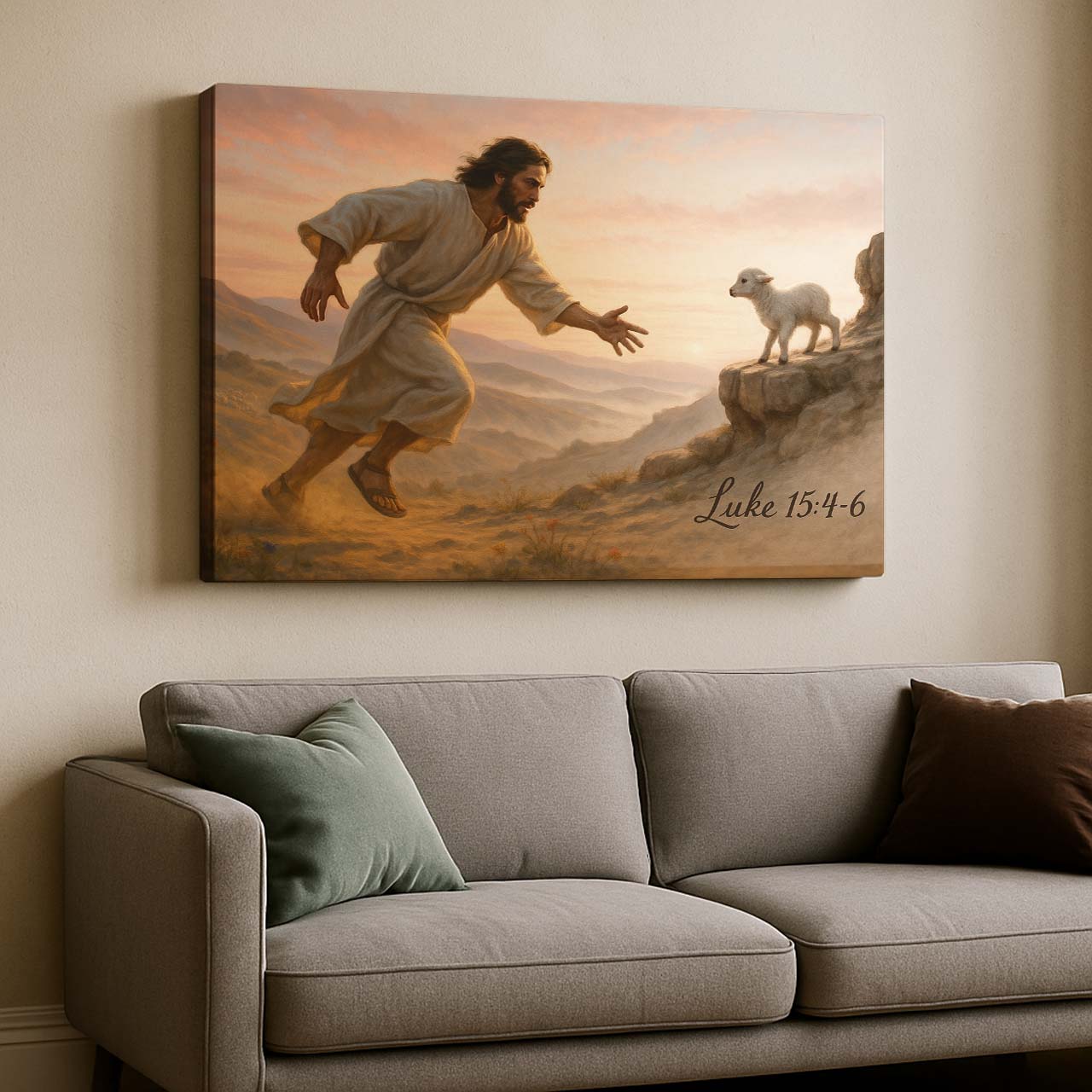 Jesus Chasing the Lost Lamb at Dawn, Wall Art Canvas