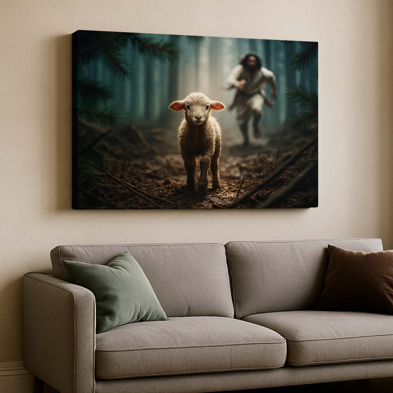 Jesus Chasing a Lost Lamb in the Forest, Wall Art Canvas