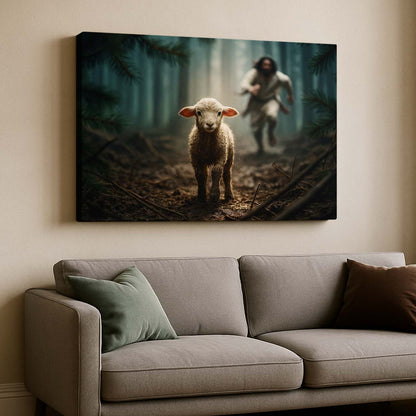 Jesus Chasing a Lost Lamb in the Forest, Wall Art Canvas