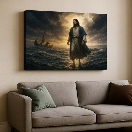 Jesus Walking on Water with Fishermen’s Boat, Wall Art Canvas