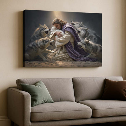 Jesus Embracing the Lamb Surrounded by Wolves – Wall Art Canvas