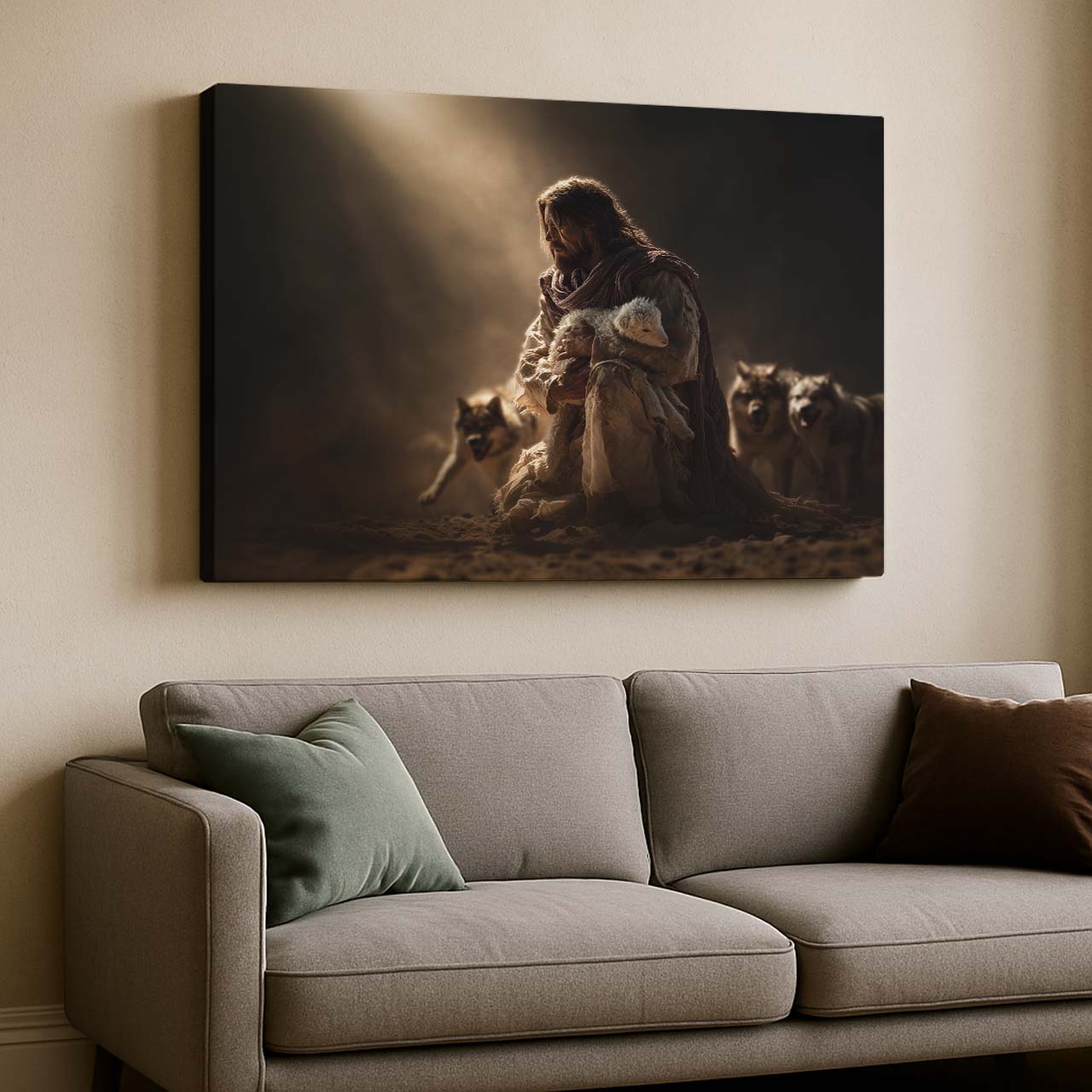 Jesus Shielding the Lamb from Wolves – Christian Wall Art Canvas – mock-up 3