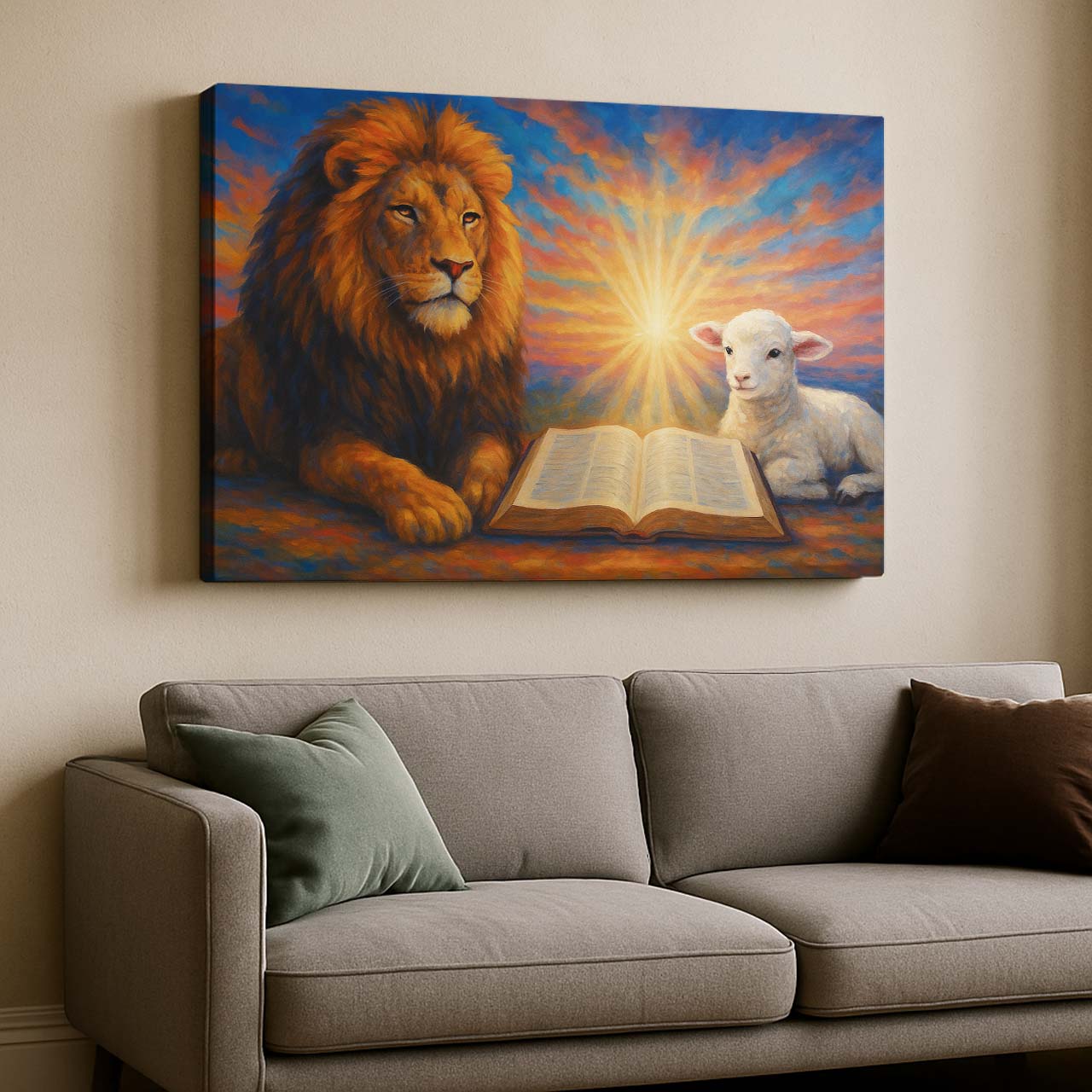 Lion and Lamb Before the Open Bible, Wall Art Canvas
