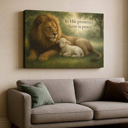 Lion and Lamb Under 'In His Presence There Is Peace', Wall Art Canvas