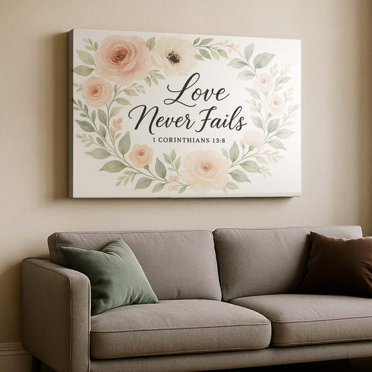 Love Never Fails 1 Corinthians 13:8 Floral Design, Wall Art Canvas