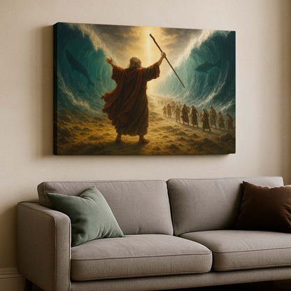 Moses Parting the Red Sea Under Divine Light, Wall Art Canvas