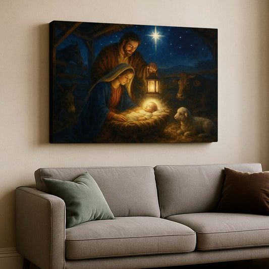 Nativity Scene Illuminated by 'O Holy Night', Wall Art Canvas