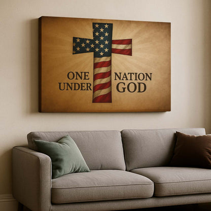 American Flag Cross Adorned by 'One Nation Under God' Typography, Wall Art Canvas