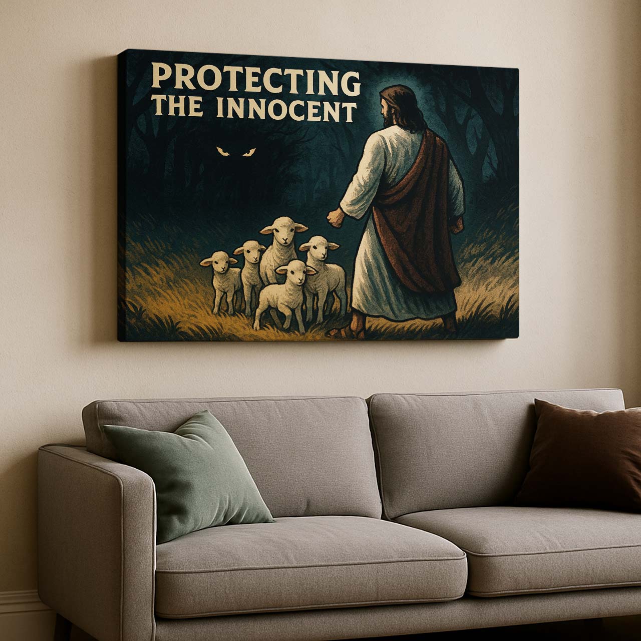 Jesus Protecting the Lambs in the Dark, Wall Art Canvas