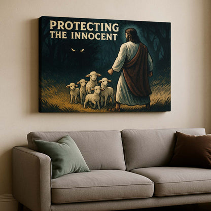Jesus Protecting the Lambs in the Dark, Wall Art Canvas