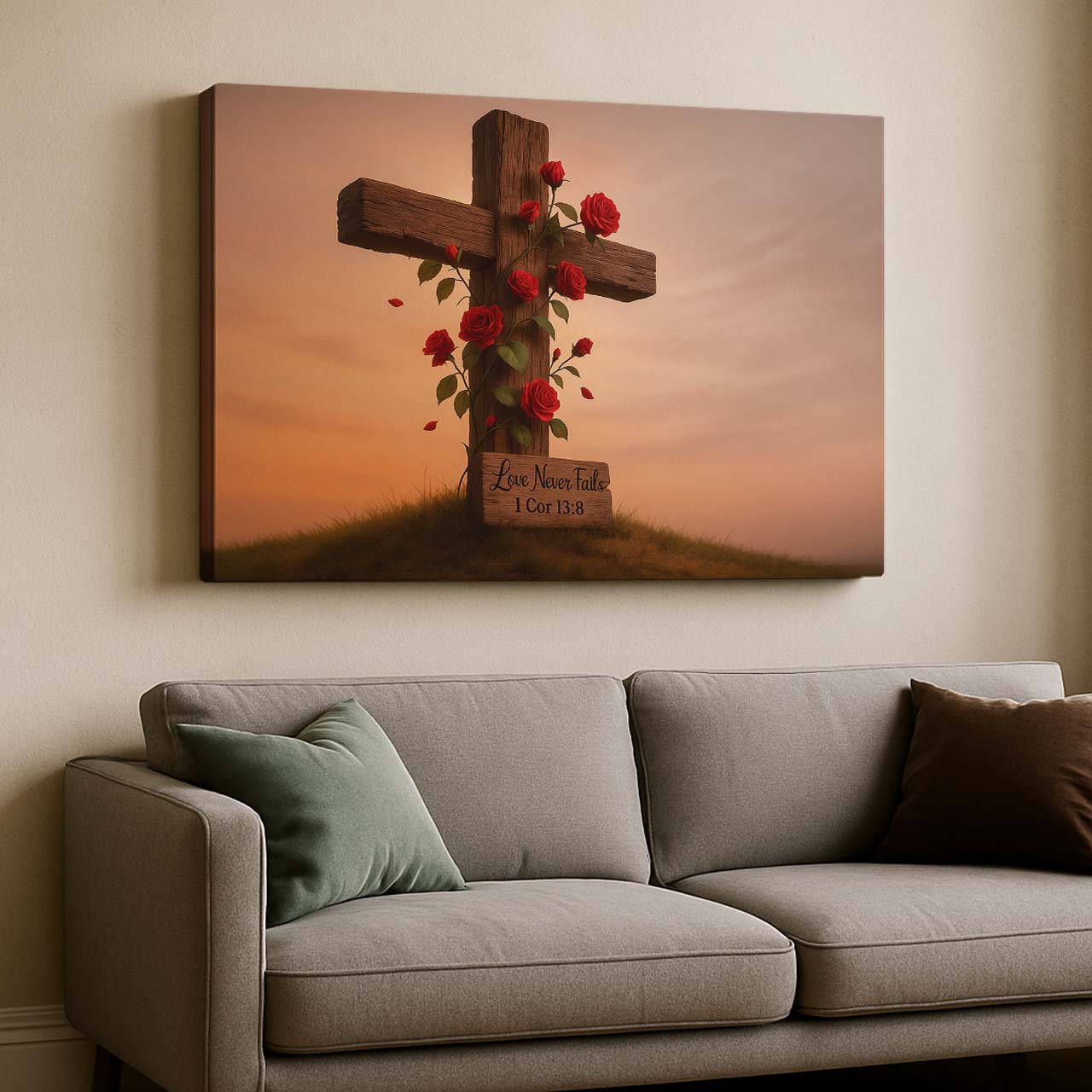 Wild Roses Entwined on Rustic Cross, Wall Art Canvas