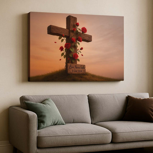 Wild Roses Entwined on Rustic Cross, Wall Art Canvas