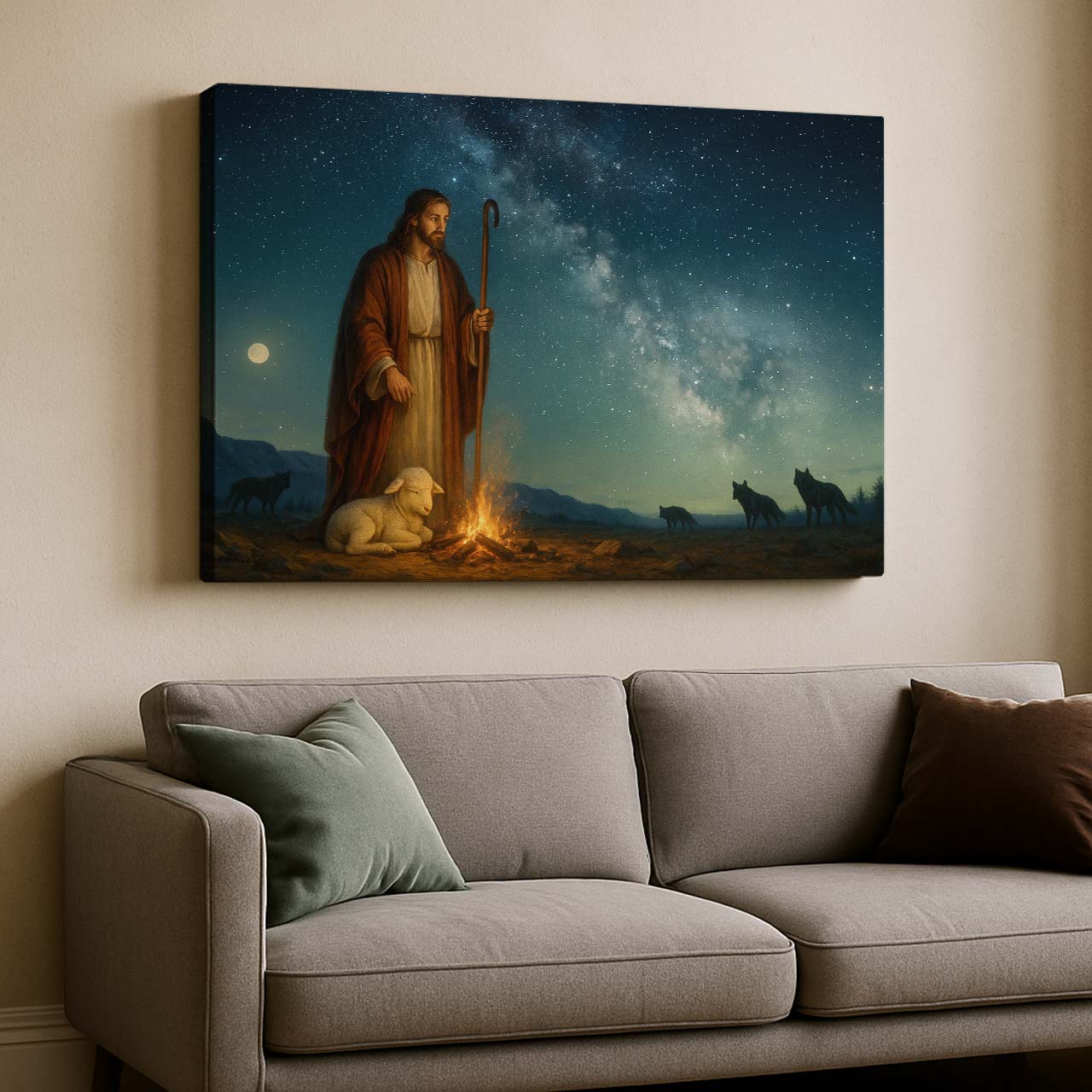 Jesus Guarding Lamb Under Starry Sky, Wall Art Canvas
