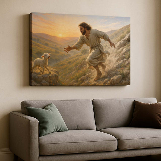 Jesus Holding Lamb Over Green Pasture, Wall Art Canvas