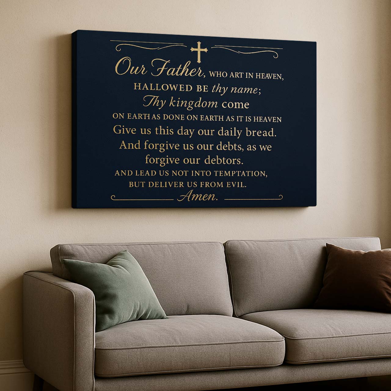 Our Father The Lord’s Prayer in Gold Script on Dark Background, Wall Art Canvas