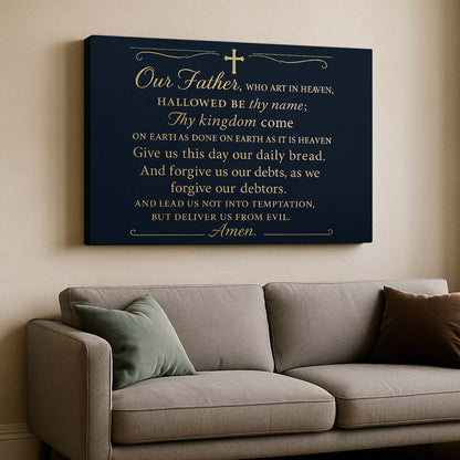 Our Father The Lord’s Prayer in Gold Script on Dark Background, Wall Art Canvas