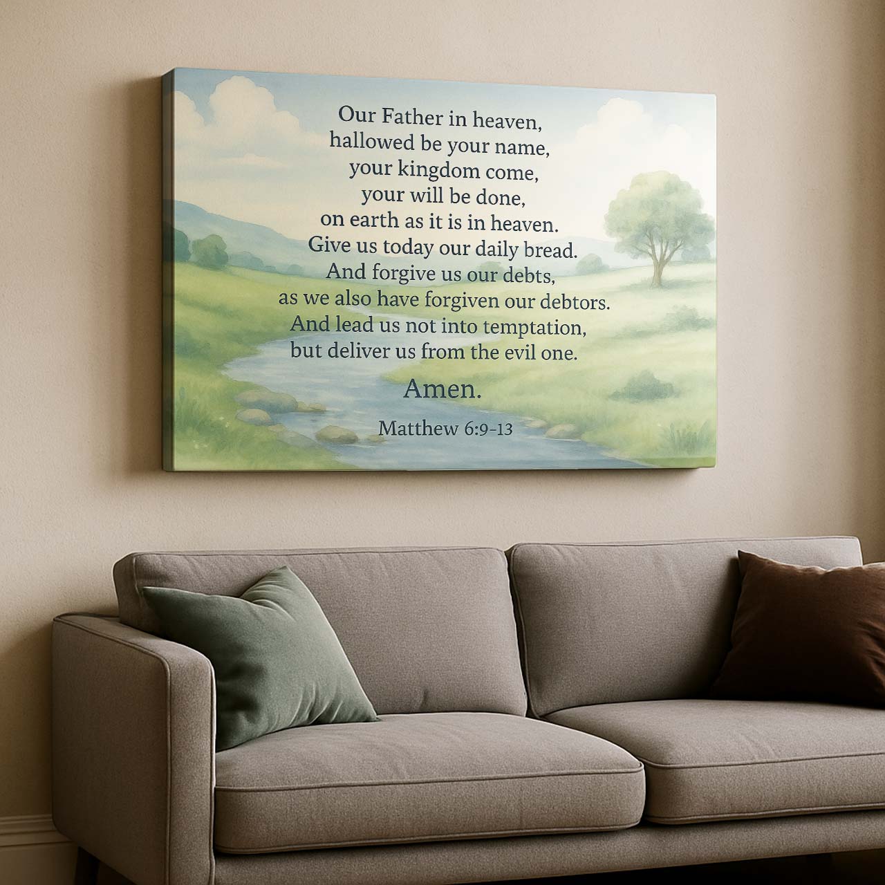 Our Father The Lord’s Prayer Matthew 6:9-13 on Pastoral Landscape, Wall Art Canvas