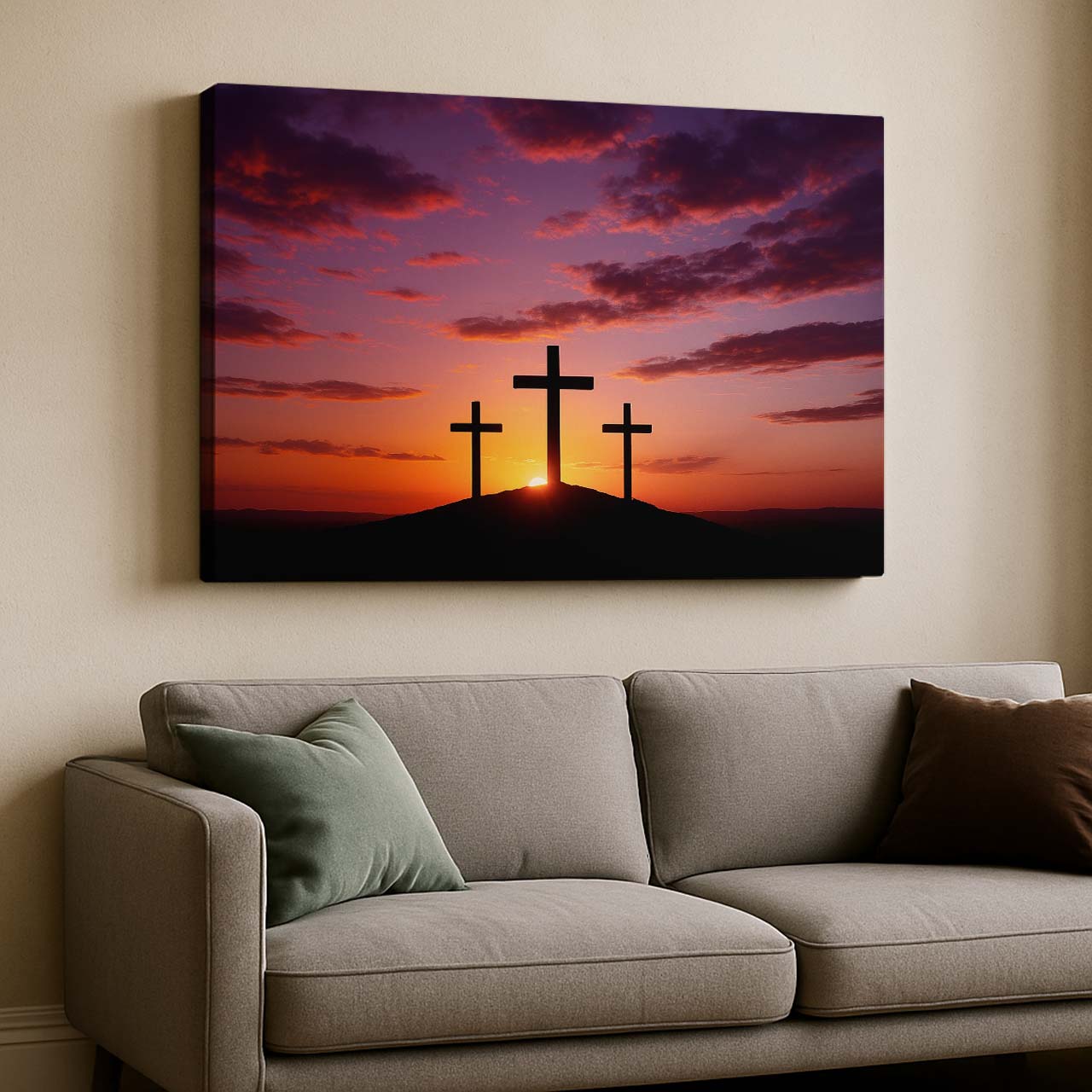 Three Crosses Silhouette at Sunset, Wall Art Canvas