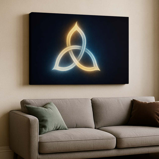 Trinity Knot of Light Glowing Symbol, Wall Art Canvas