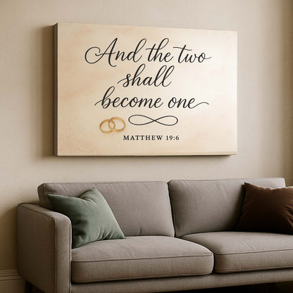 And the Two Shall Become One Matthew 19:6 Wedding Rings Symbol, Wall Art Canvas