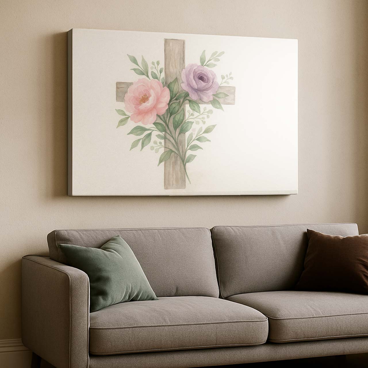 Spring Floral Watercolor Cross, Wall Art Canvas