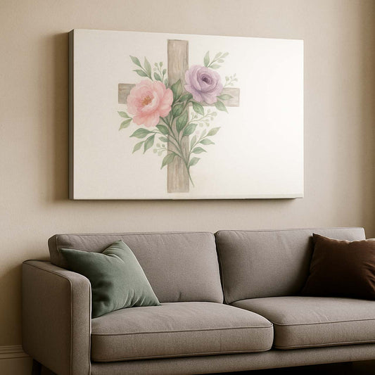Spring Floral Watercolor Cross, Wall Art Canvas