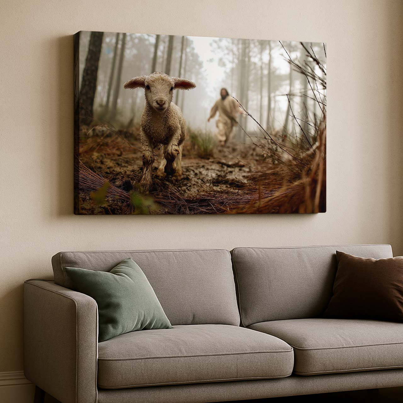 Jesus Running After a Lost Lamb in the Forest, Wall Art Canvas – mock-up 2