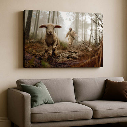 Jesus Running After a Lost Lamb in the Forest, Wall Art Canvas – mock-up 2