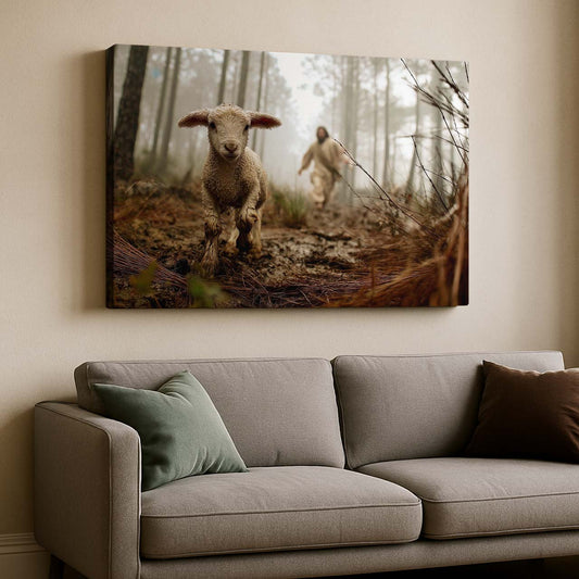 Jesus Running After a Lost Lamb in the Forest, Wall Art Canvas – mock-up 2