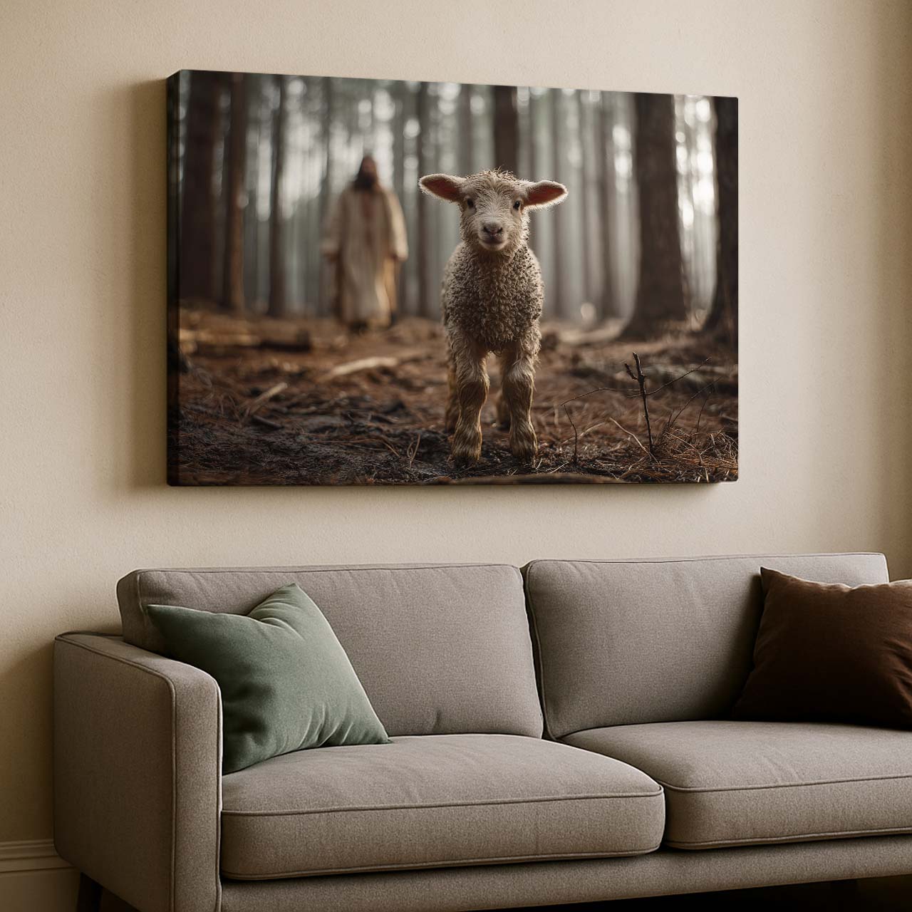Lost Lamb Standing in the Forest – Christian Wall Art Canvas – mock-up 3