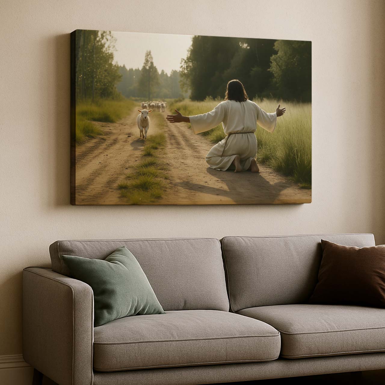 Lamb Running to Jesus, Wall Art Canvas – mock-up 4