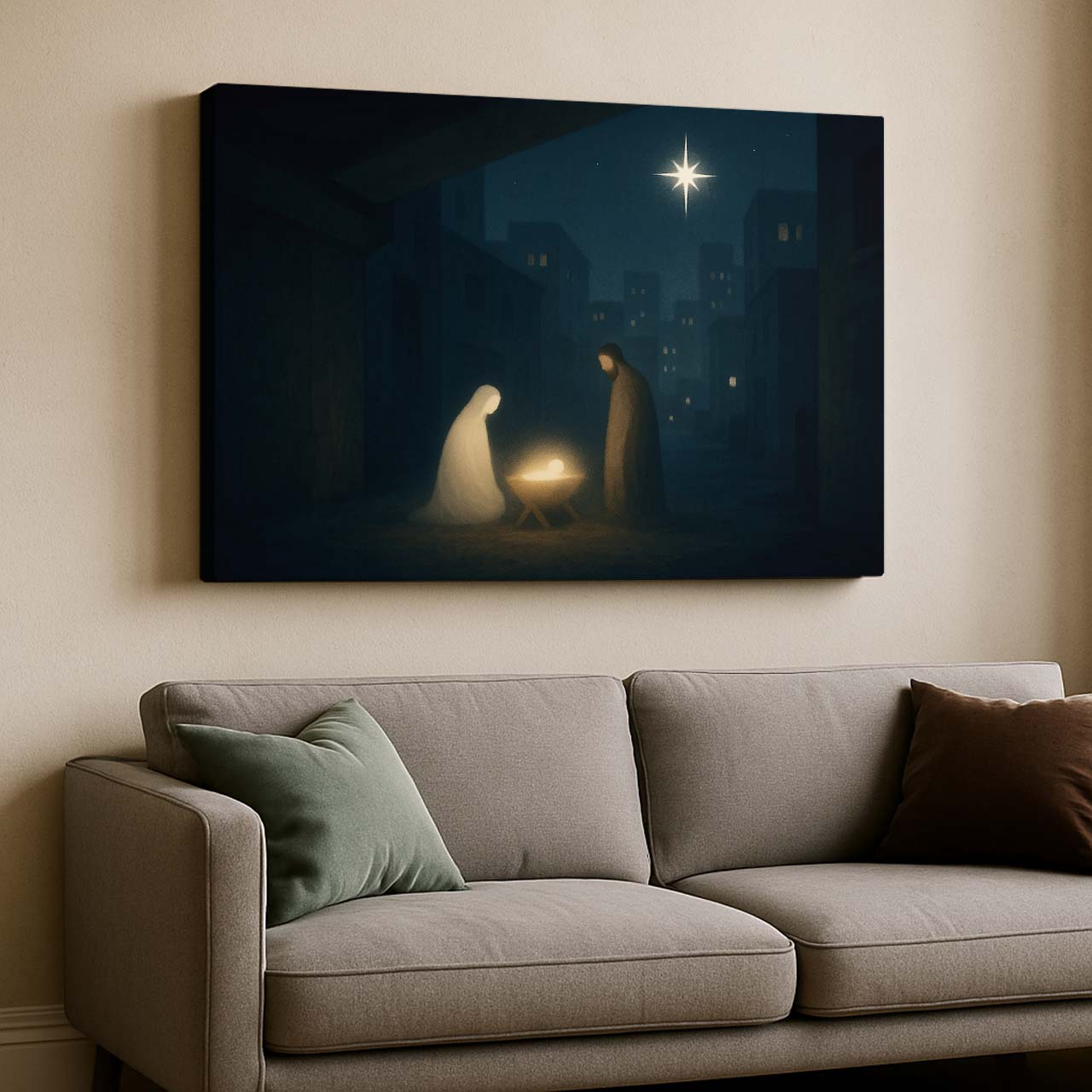 Modern Manger Scene Featuring Mary, Joseph, and Jesus, Wall Art Canvas