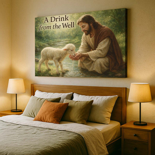 Jesus Offering Water to the Lamb by the Stream, Wall Art Canvas