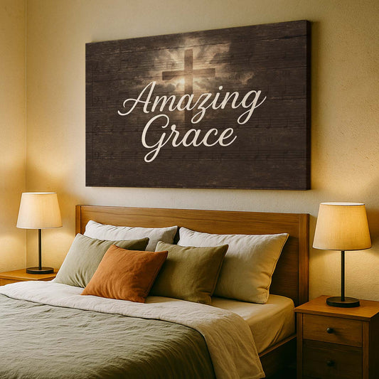 Amazing Grace Hymn Lyrics with Radiant Cross on Wood, Wall Art Canvas