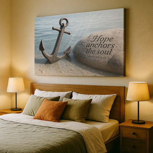 Anchor on the Shore with 'Hope Anchors the Soul' Inscription, Wall Art Canvas