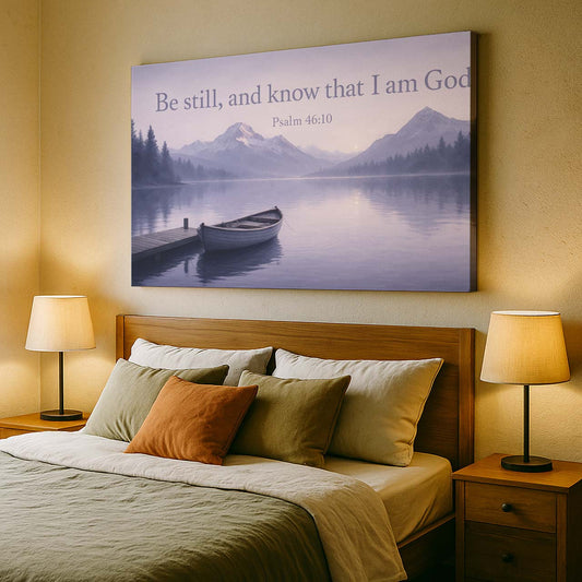 Mountain Lake Reflection with Lone Boat, Wall Art Canvas