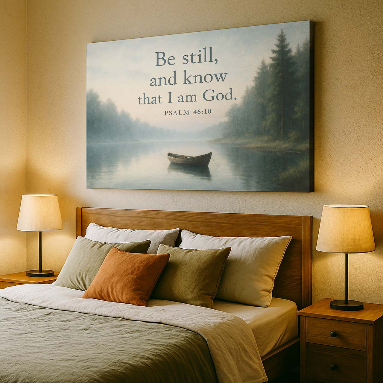 Solitary Boat on a Misty Lake with 'Be Still and Know', Wall Art Canvas